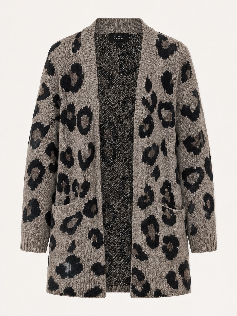 Modern Canvas Leopard Print Open Cardigan Sweater | Cozy Knit | Gray Brown |S